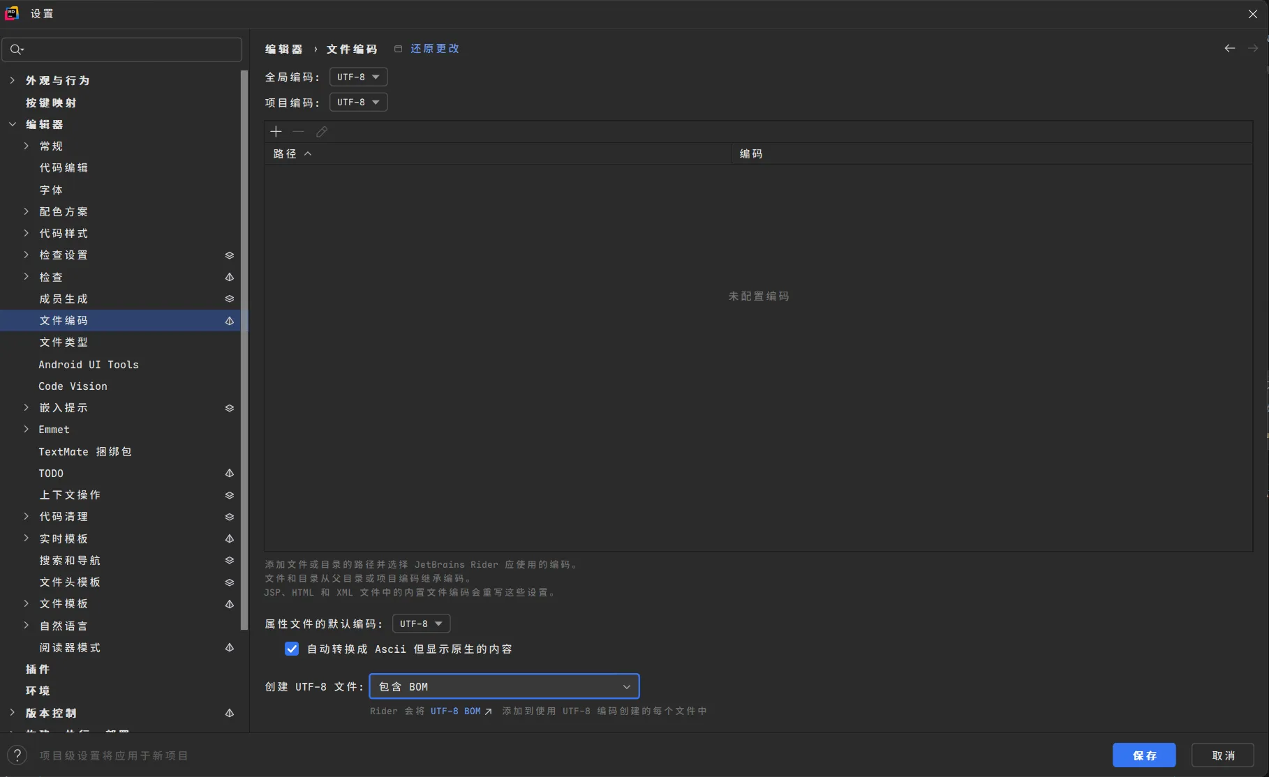 Rider设置UTF-8带BOM编码配置界面